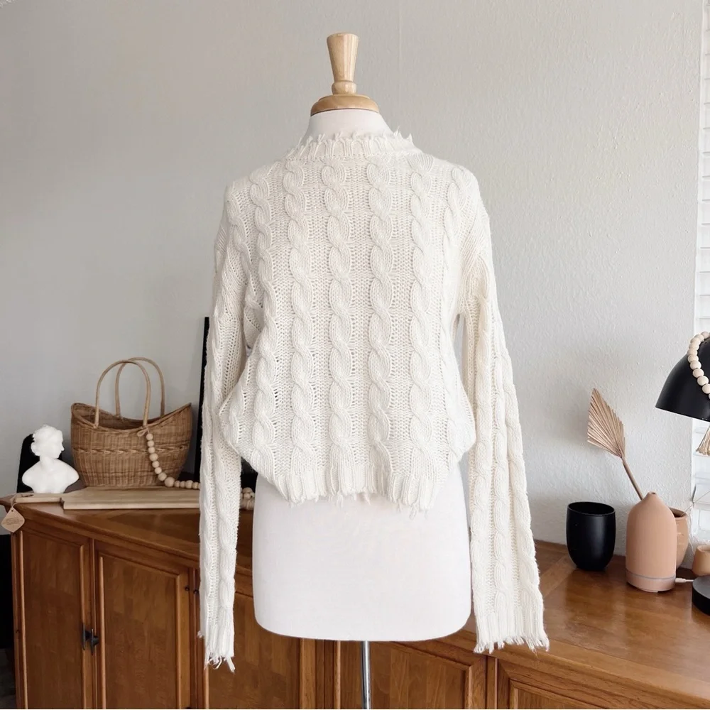 CREAM WOVEN DISTRESSED SEAMED SWEATER #0310 - Picture 6 of 6